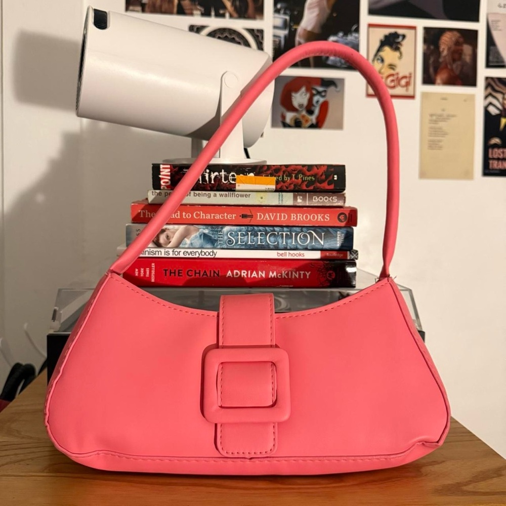 Salmon Hot Pink Mini Shoulder Bag With Buckle Detail
